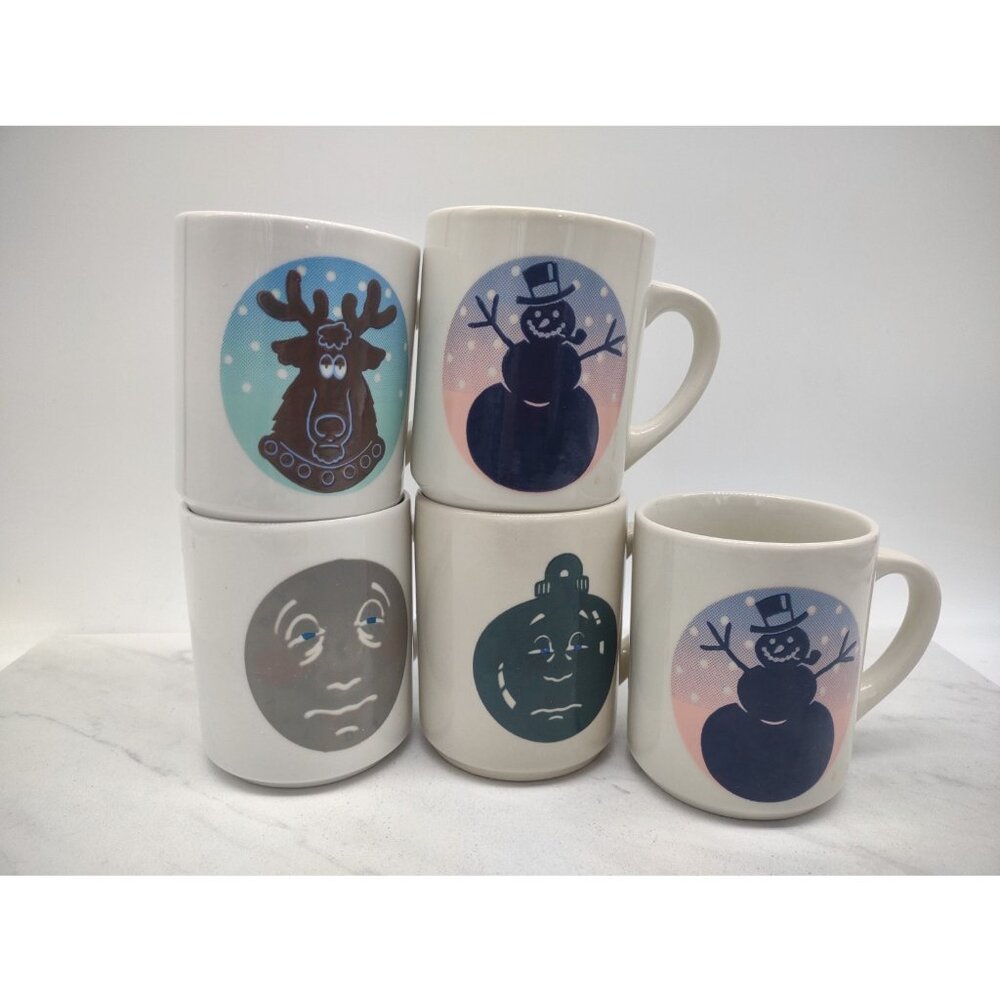 Vintage 1991 Set Of 4 DENNY'S Heat Activated Color Changing Christmas Mugs + 1